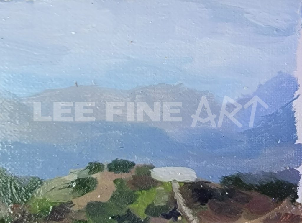Plein air painting of a mountain scene and clouds at Top of the World in Laguna Beach, Orange County, CA painted traditionally using oil Paints